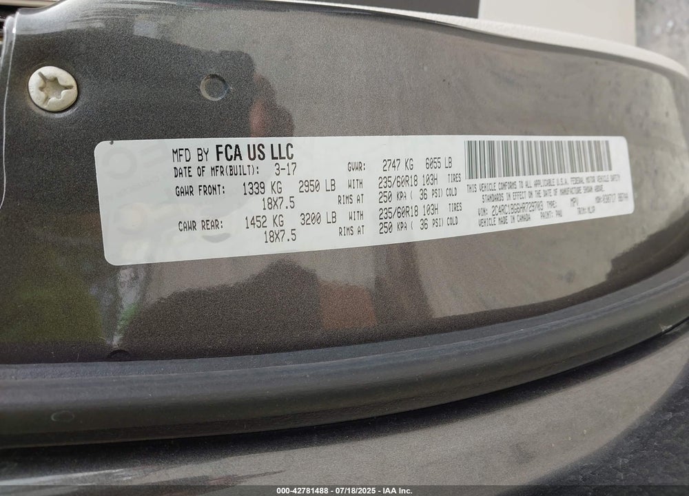 2017 CHRYSLER PACIFICA TOURING L VIN: 2C4RC1BG6HR729703