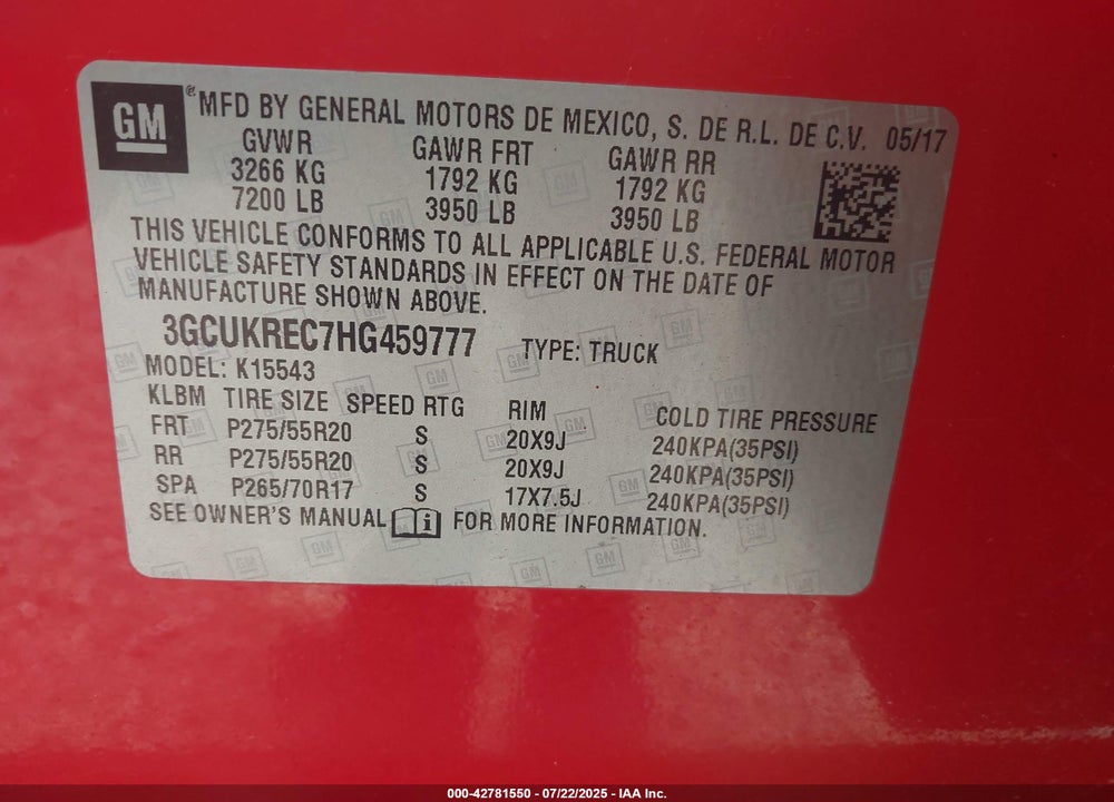 2017 CHEVROLET SILVERADO 1500 VIN: 3GCUKREC7HG459777