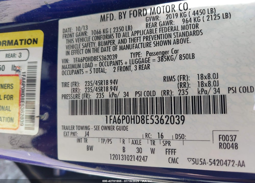 2014 FORD FUSION SE VIN: 1FA6P0HD8E5362039