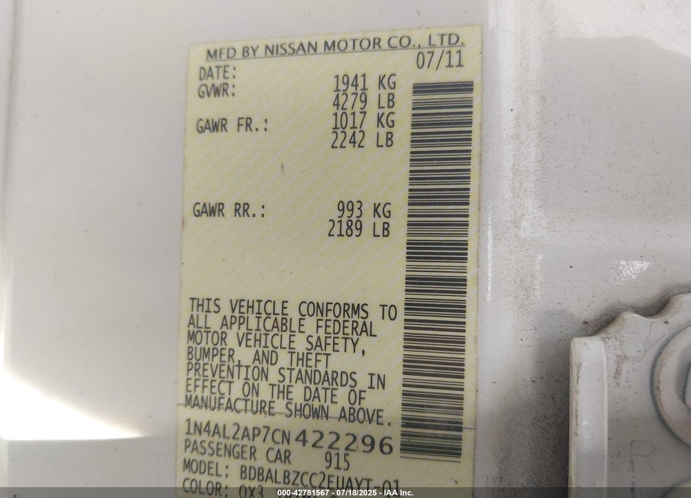 2012 NISSAN ALTIMA VIN: 1N4AL2AP7CN422296