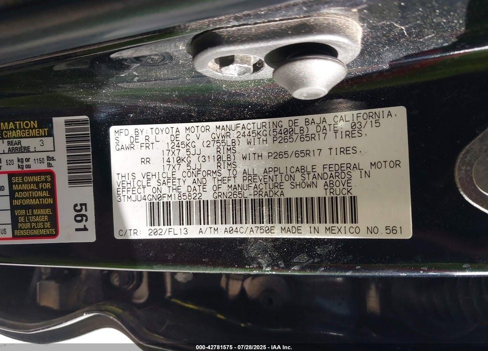 2015 TOYOTA TACOMA VIN: 3TMJU4GN0FM185822