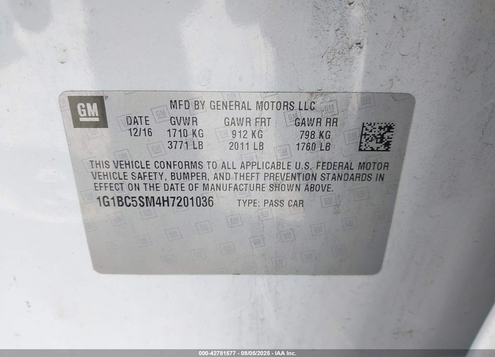 2017 CHEVROLET CRUZE VIN: 1G1BC5SM4H7201036