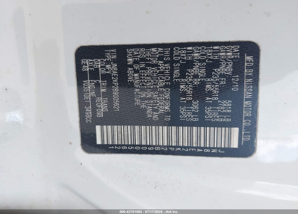 2011 NISSAN QUEST LE VIN: JN8AE2KP2B9005621