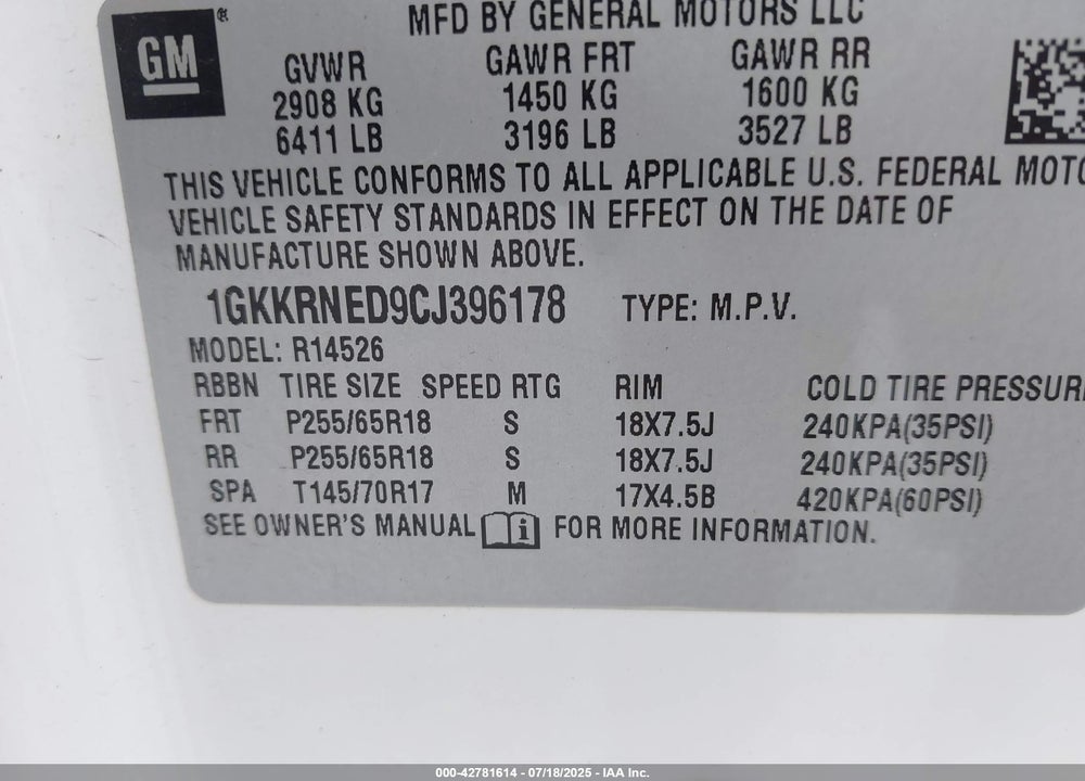 2012 GMC ACADIA VIN: 1GKKRNED9CJ396178