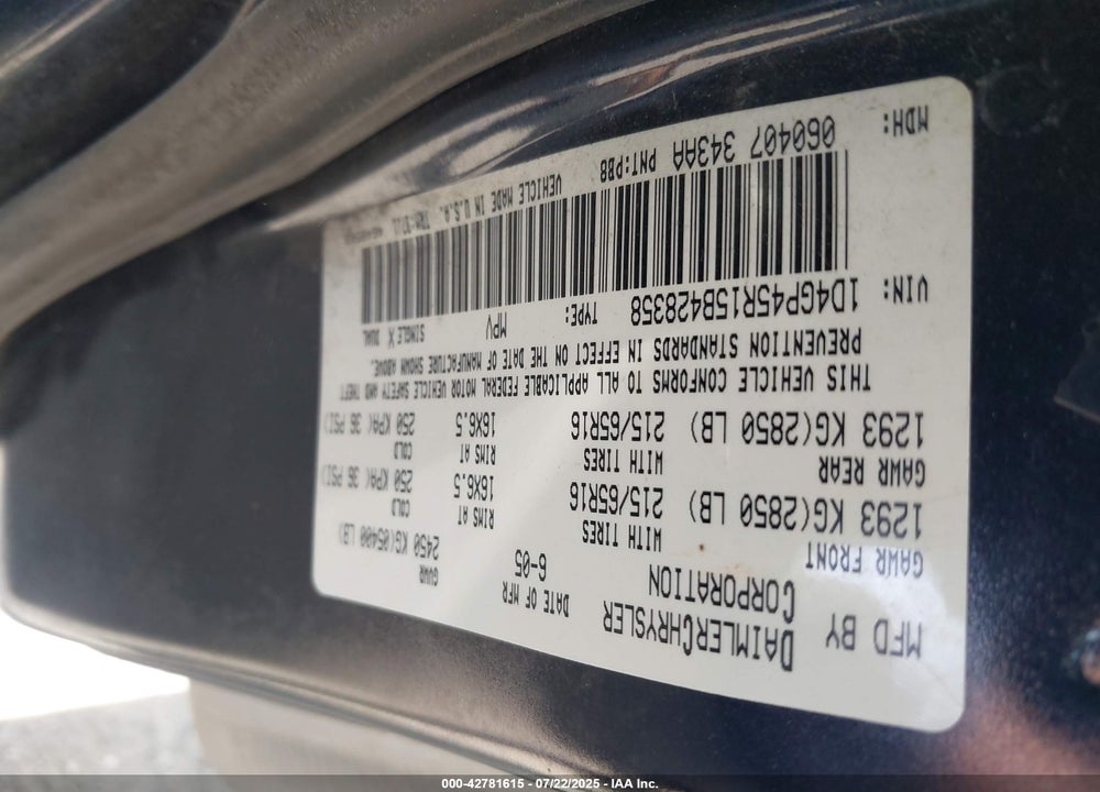 2005 DODGE CARAVAN SXT VIN: 1D4GP45R15B428358