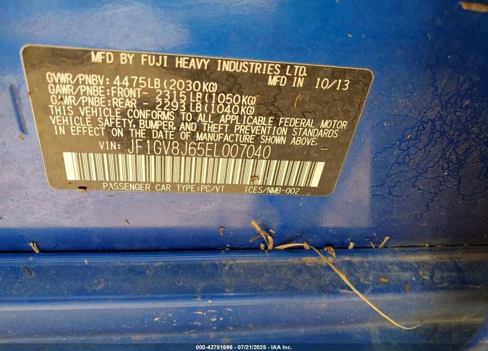 2014 SUBARU IMPREZA VIN: JF1GV8J65EL007040