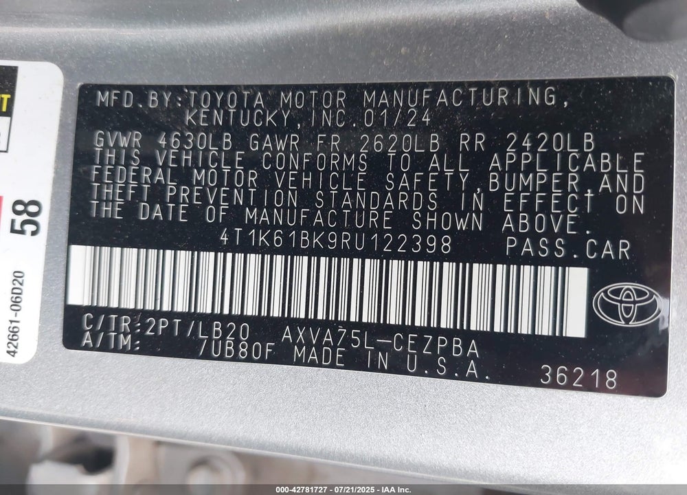 2024 TOYOTA CAMRY VIN: 4T1K61BK9RU122398