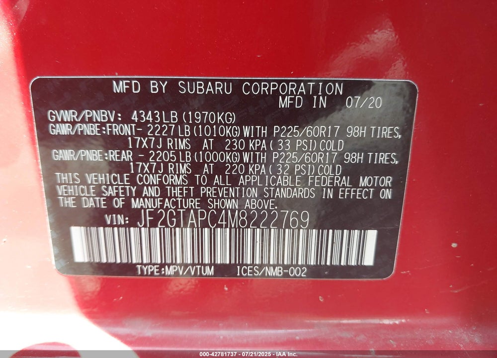 2021 SUBARU CROSSTREK VIN: JF2GTAPC4M8222769