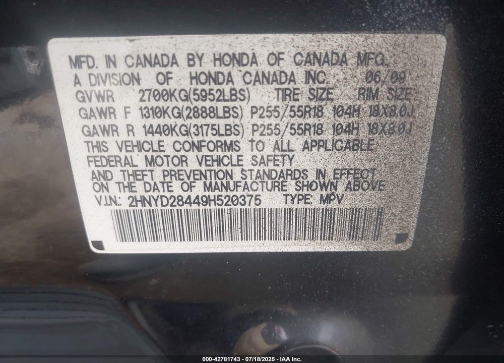 2009 ACURA MDX VIN: 2HNYD28449H520375