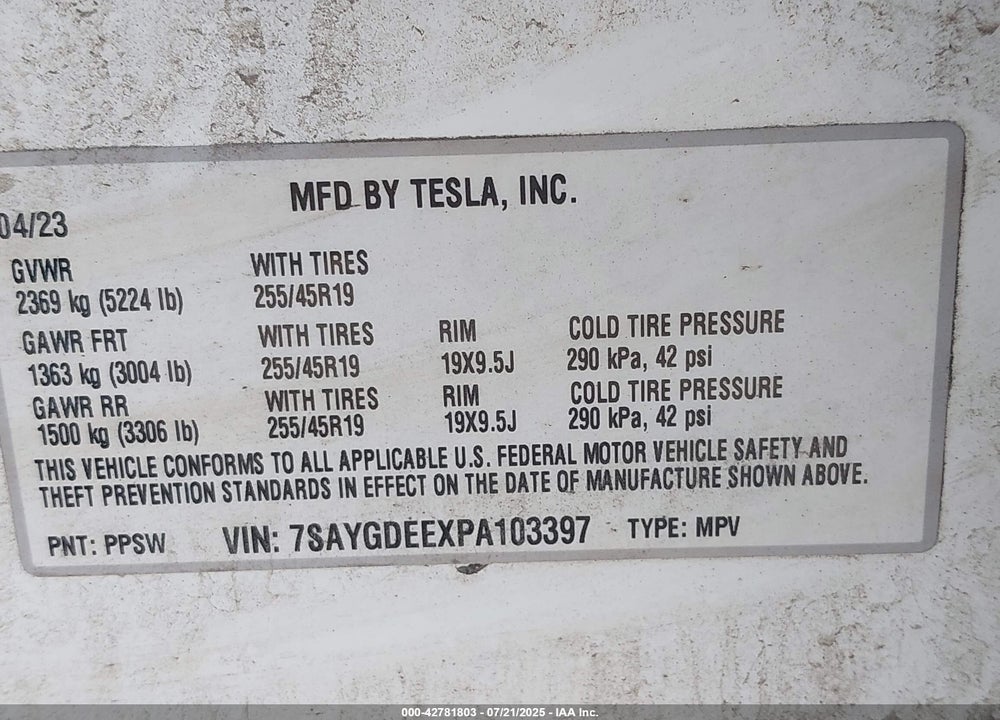2023 TESLA MODEL Y VIN: 7SAYGDEEXPA103397