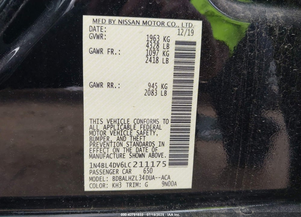 2020 NISSAN ALTIMA VIN: 1N4BL4DV6LC211175