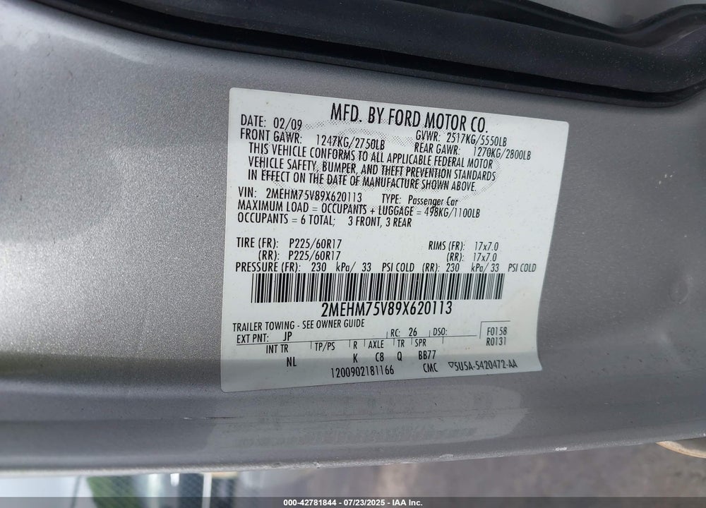 2009 MERCURY GRAND MARQUIS VIN: 2MEHM75V89X620113