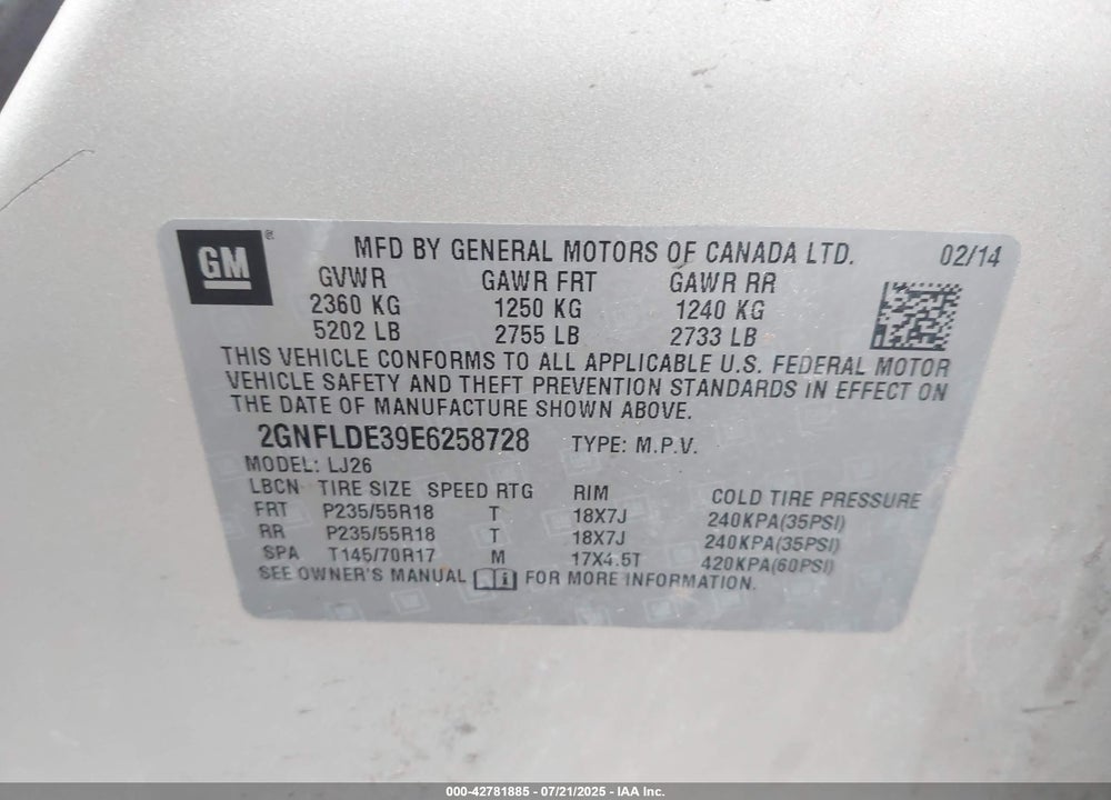 2014 CHEVROLET EQUINOX VIN: 2GNFLDE39E6258728