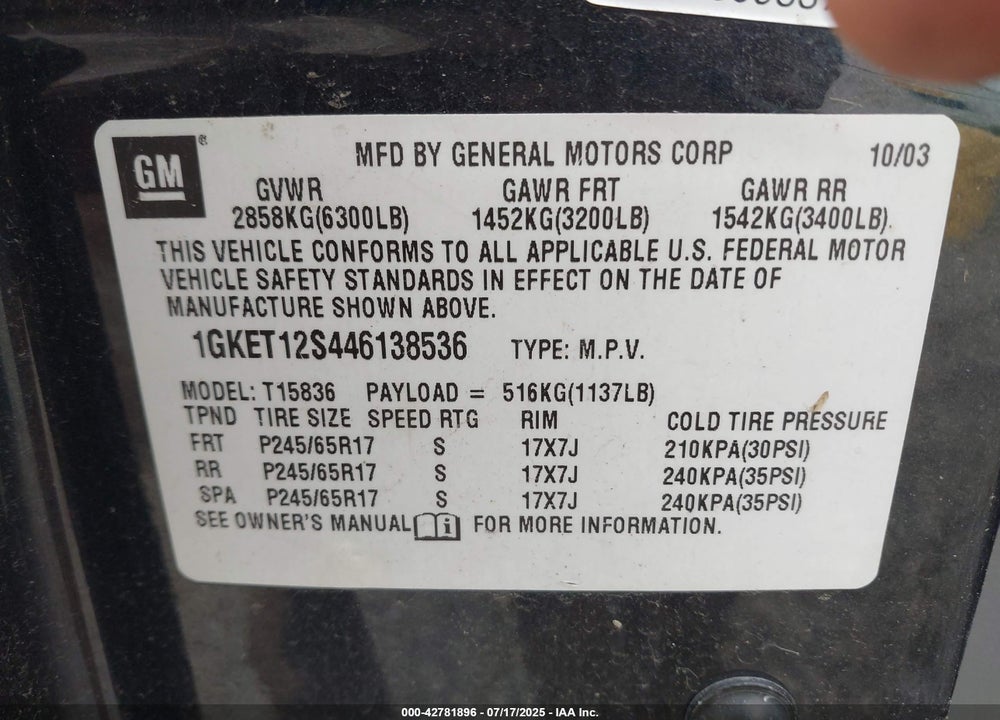 2004 GMC ENVOY XUV SLE VIN: 1GKET12S446138536