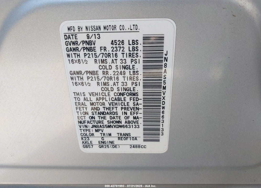 2013 NISSAN ROGUE VIN: JN8AS5MVXDW663133