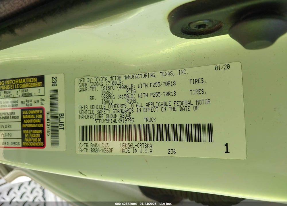 2020 TOYOTA TUNDRA VIN: 5TFUY5F14LX919793