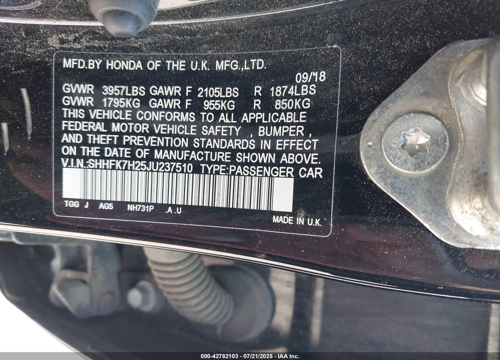 2018 HONDA CIVIC LX VIN: SHHFK7H25JU237510