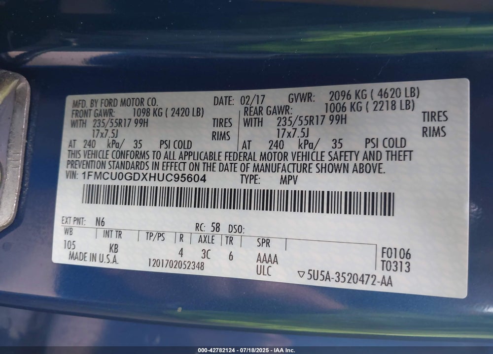 2017 FORD ESCAPE VIN: 1FMCU0GDXHUC95604