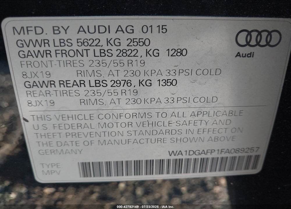 2015 AUDI Q5 VIN: WA1DGAFP1FA089257