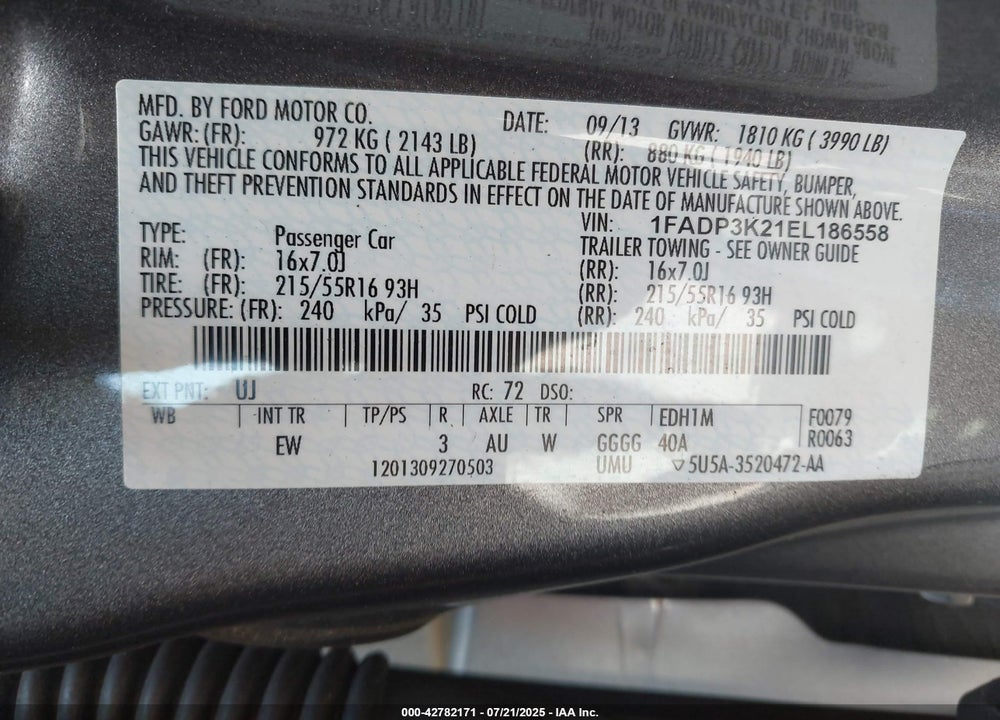 2014 FORD FOCUS VIN: 1FADP3K21EL186558