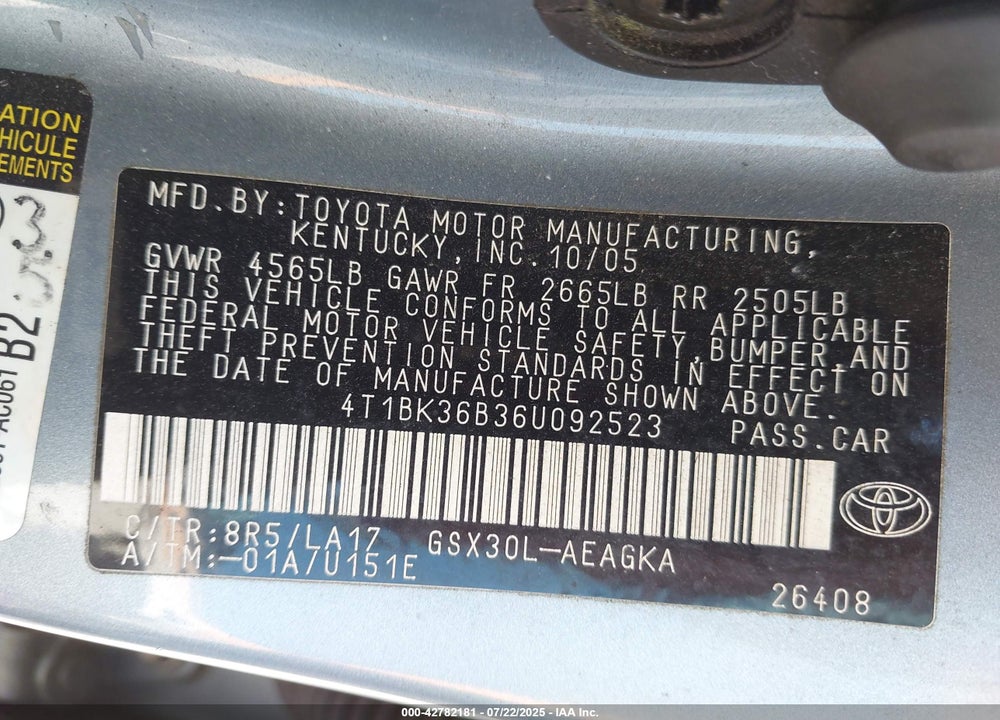 2006 TOYOTA AVALON VIN: 4T1BK36B36U092523