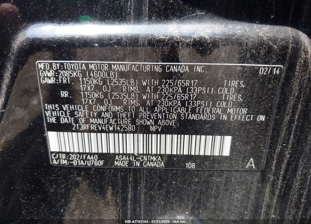 2014 TOYOTA RAV4 VIN: 2T3RFREV4EW142580