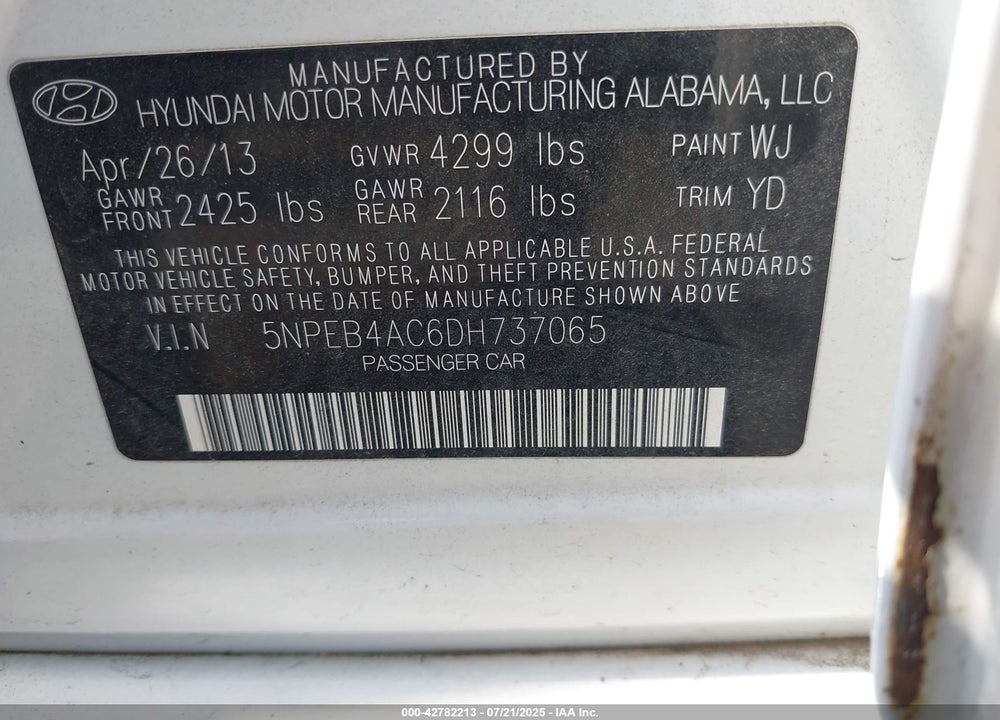 2013 HYUNDAI SONATA VIN: 5NPEB4AC6DH737065