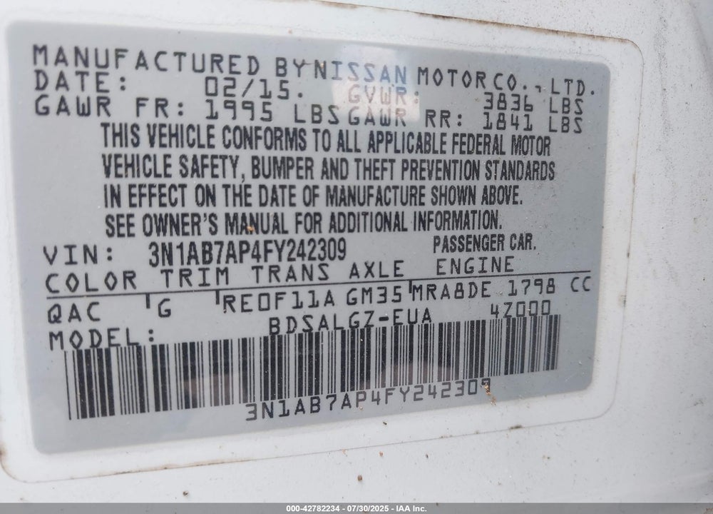 2015 NISSAN SENTRA VIN: 3N1AB7AP4FY242309
