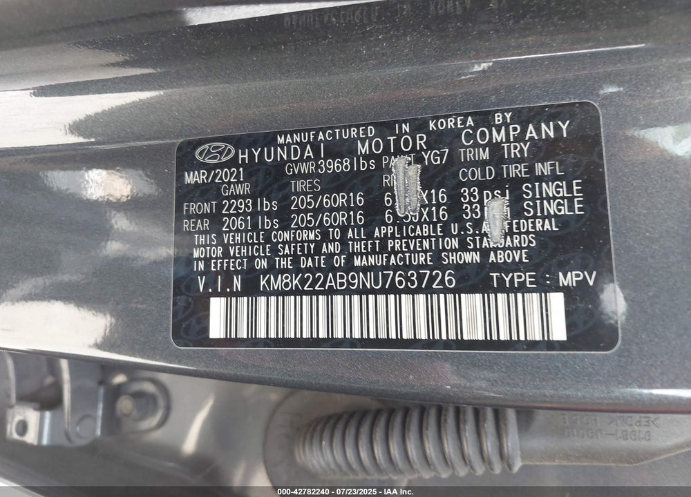 2022 HYUNDAI KONA VIN: KM8K22AB9NU763726