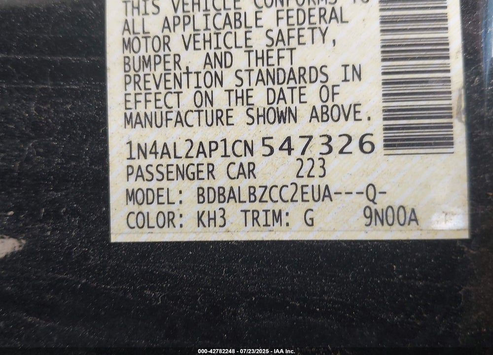 2012 NISSAN ALTIMA VIN: 1N4AL2AP1CN547326