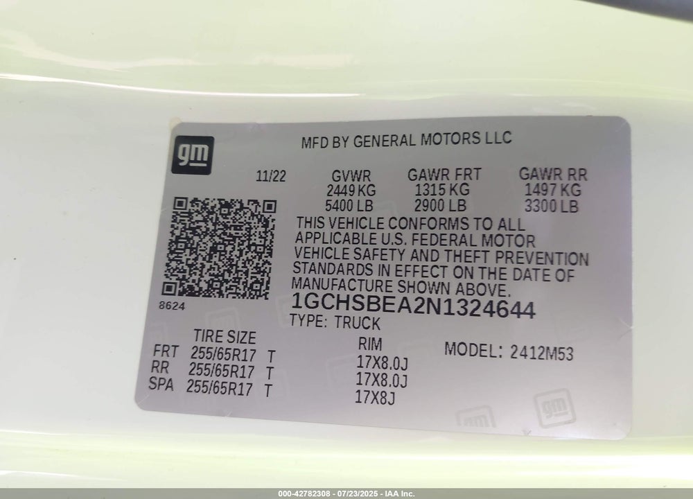 2022 CHEVROLET COLORADO VIN: 1GCHSBEA2N1324644
