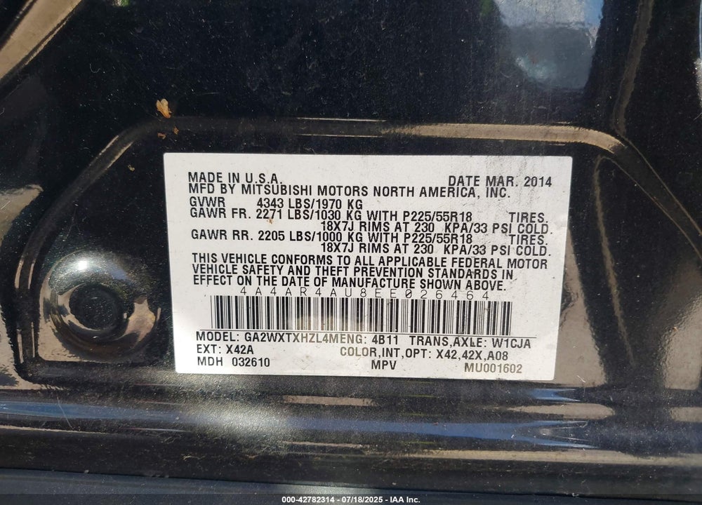 2014 MITSUBISHI OUTLANDER SPORT VIN: 4A4AR4AU8EE026464