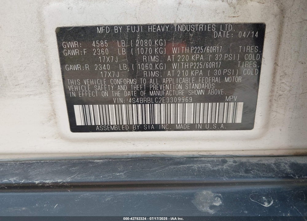2014 SUBARU OUTBACK VIN: 4S4BRBLC2E3309969