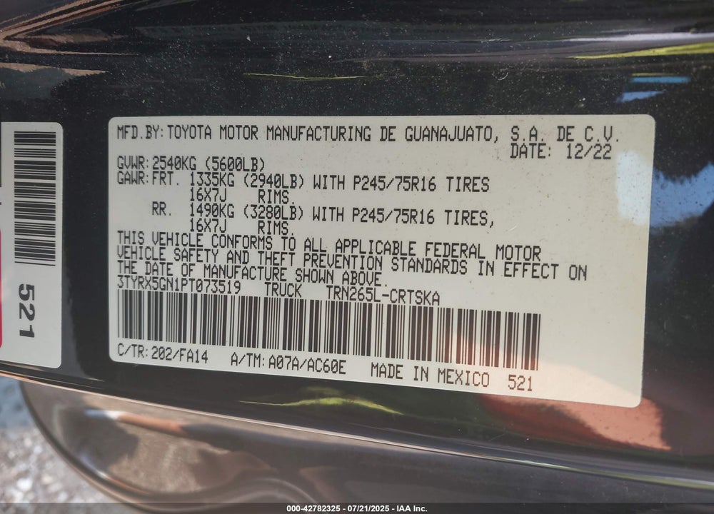 2023 TOYOTA TACOMA VIN: 3TYRX5GN1PT073519