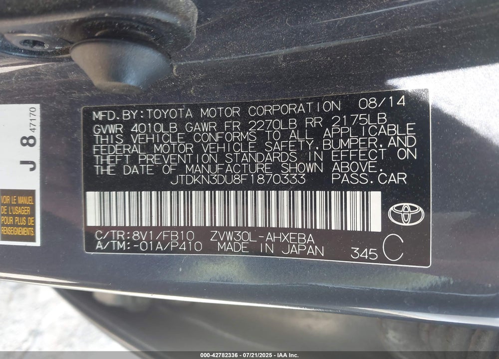 2015 TOYOTA PRIUS VIN: JTDKN3DU8F1870333