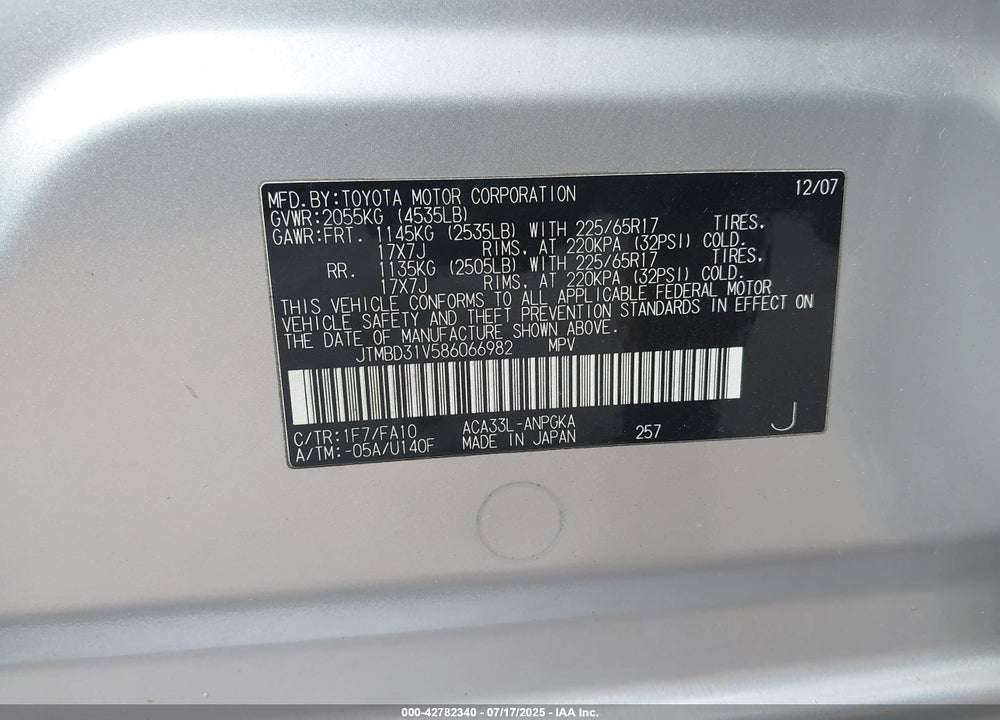 2008 TOYOTA RAV4 VIN: JTMBD31V586066982
