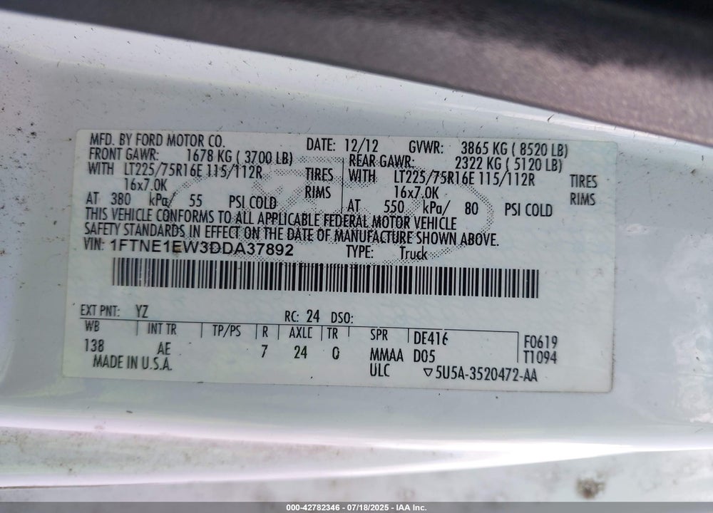 2013 FORD E-150 COMMERCIAL VIN: 1FTNE1EW3DDA37892