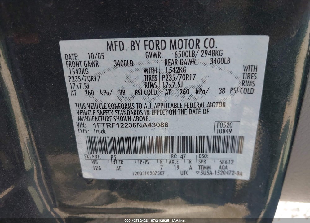 2006 FORD F-150 VIN: 1FTRF12236NA43088