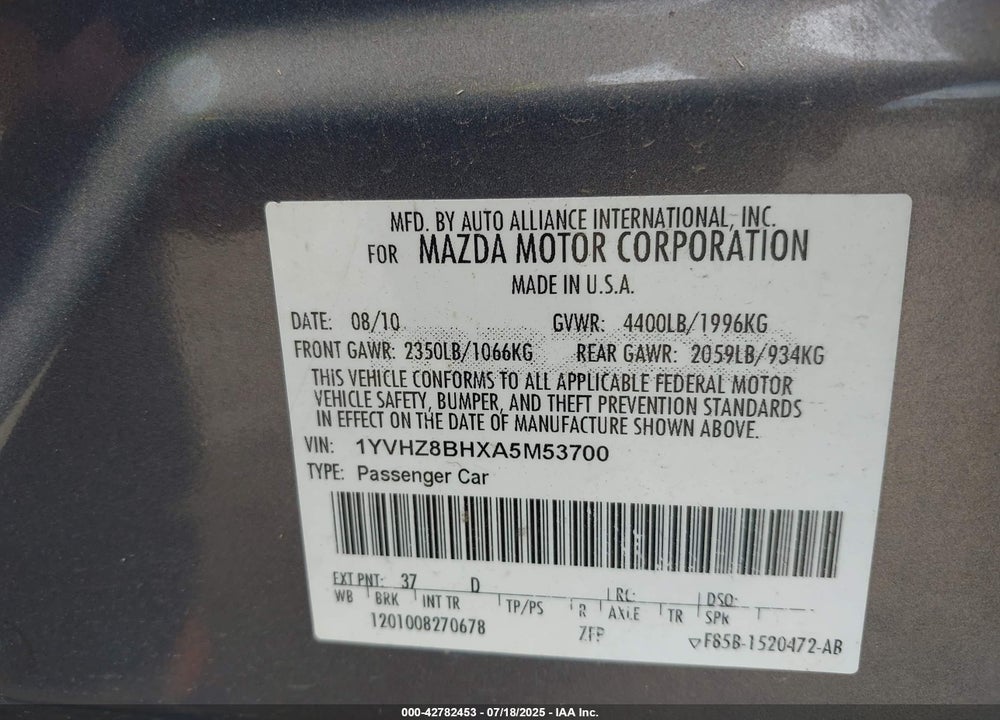 2010 MAZDA 6 VIN: 1YVHZ8BHXA5M53700