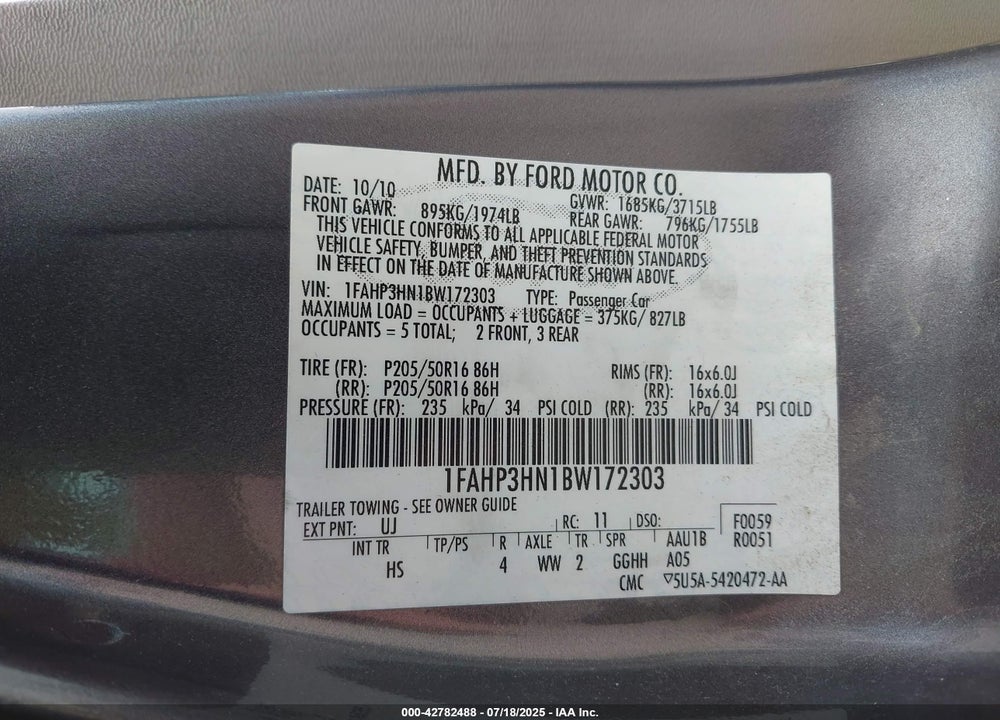 2011 FORD FOCUS VIN: 1FAHP3HN1BW172303