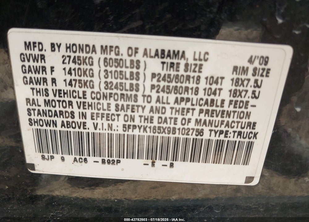2009 HONDA RIDGELINE VIN: 5FPYK165X9B102756