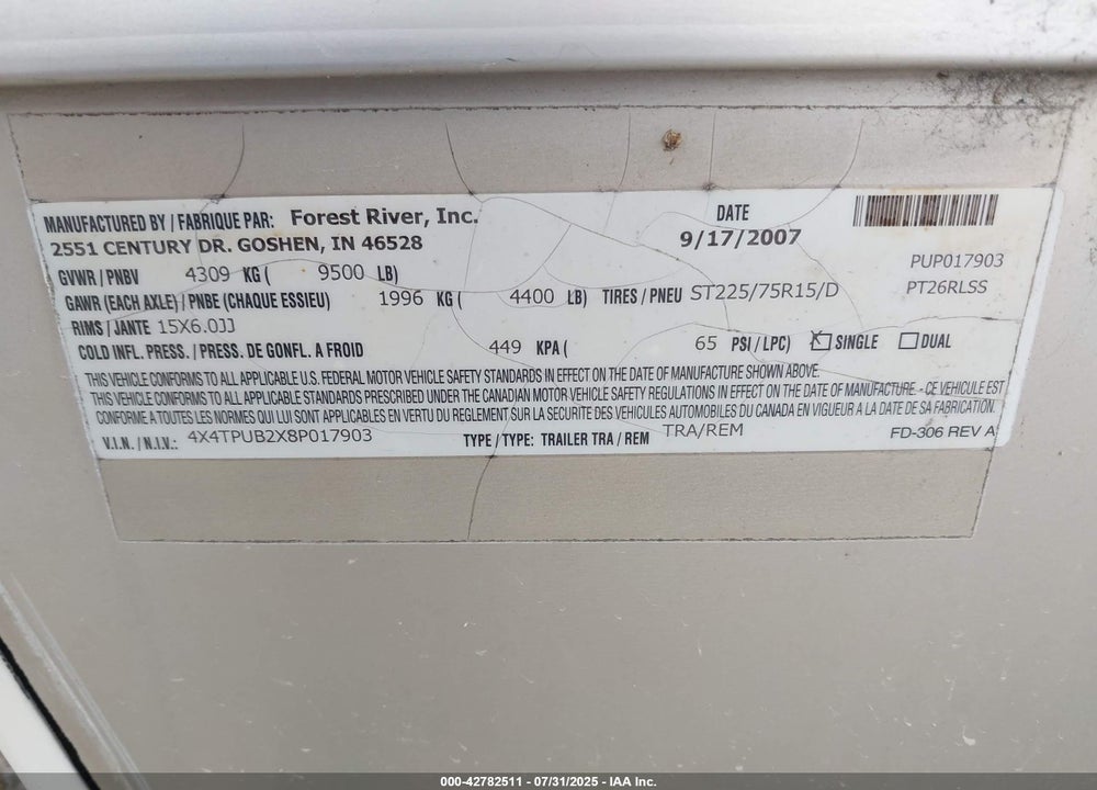 2008 PALOMINO PUMA 26RLSS TRAVEL TRAILER VIN: 4X4TPUB2X8P017903