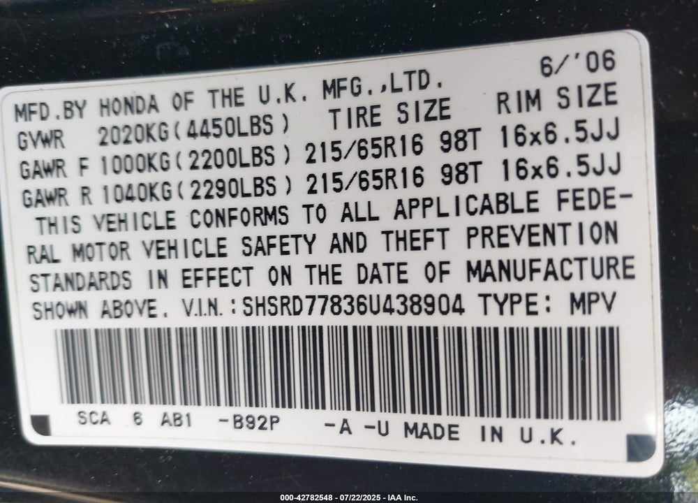 2006 HONDA CR-V VIN: SHSRD77836U438904