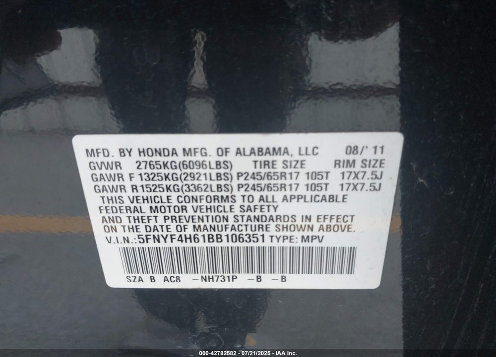 2011 HONDA PILOT VIN: 5FNYF4H61BB106351