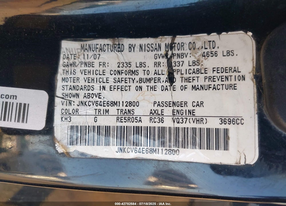 2008 INFINITI G37 VIN: JNKCV64E68M112800
