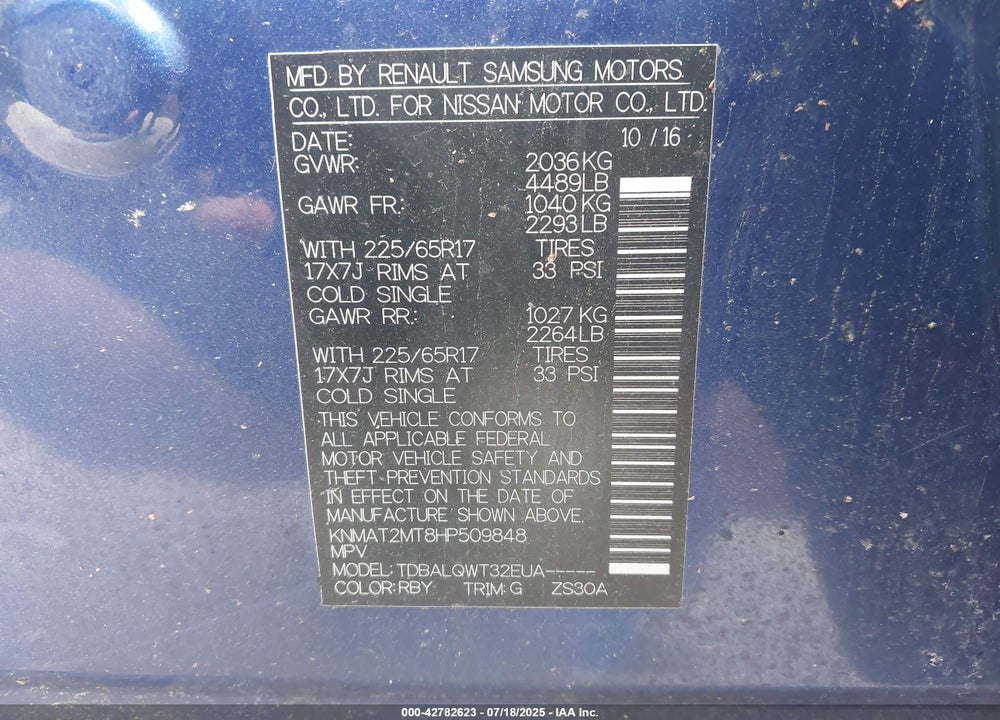 2017 NISSAN ROGUE VIN: KNMAT2MT8HP509848