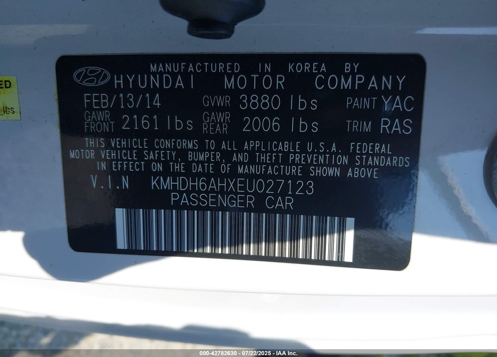 2014 HYUNDAI ELANTRA VIN: KMHDH6AHXEU027123