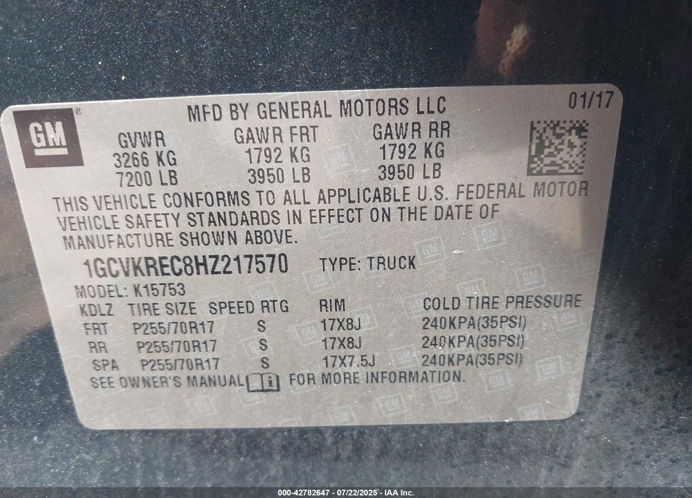 2017 CHEVROLET SILVERADO 1500 1LT VIN: 1GCVKREC8HZ217570