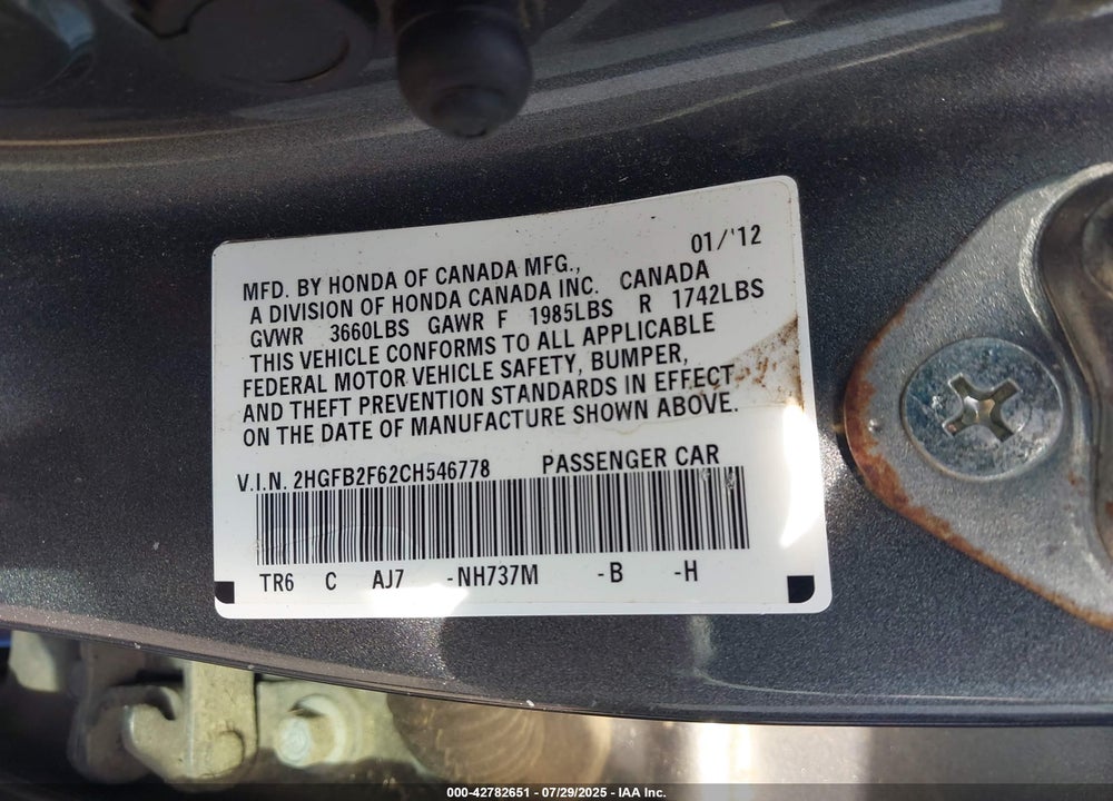 2012 HONDA CIVIC VIN: 2HGFB2F62CH546778