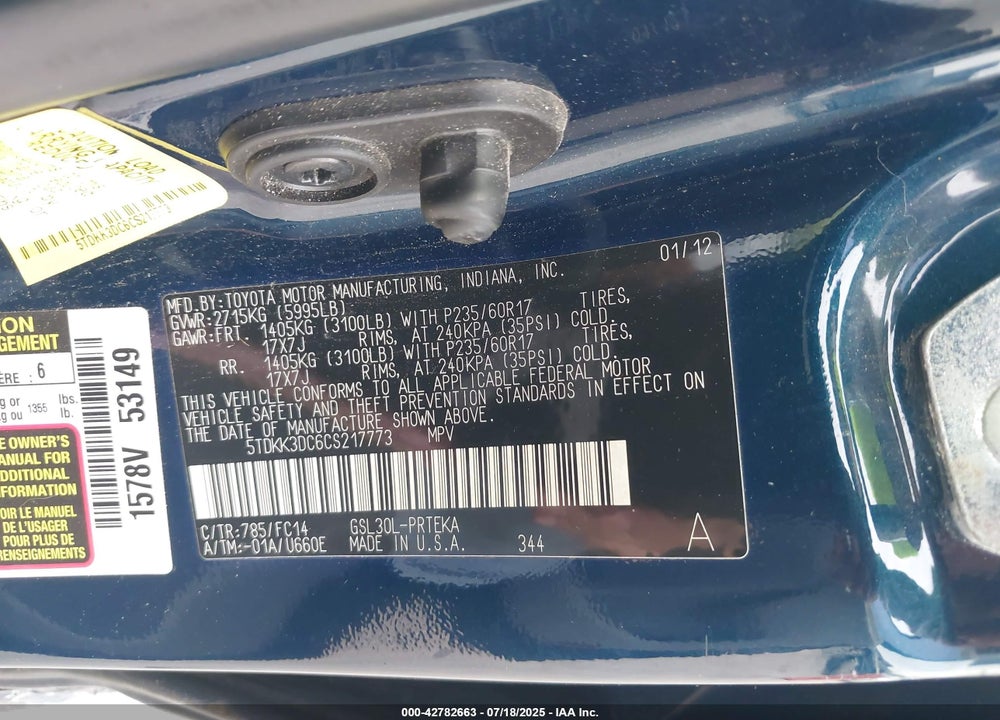 2012 TOYOTA SIENNA LE V6 8 PASSENGER VIN: 5TDKK3DC6CS217773
